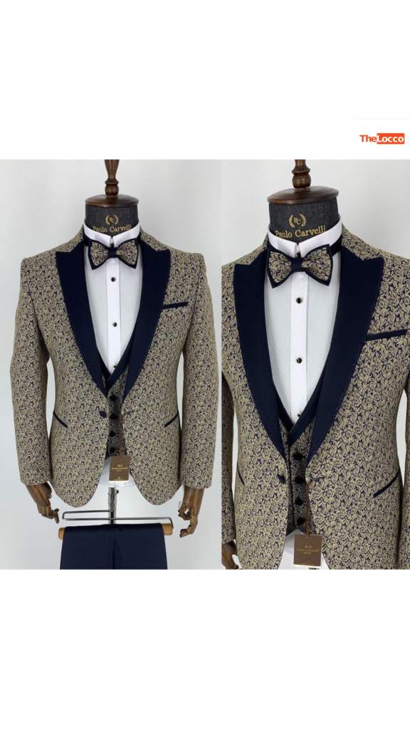 Black and Gold Tuxedo 3 Piece Slim Fit With Gold Print - TheLocco